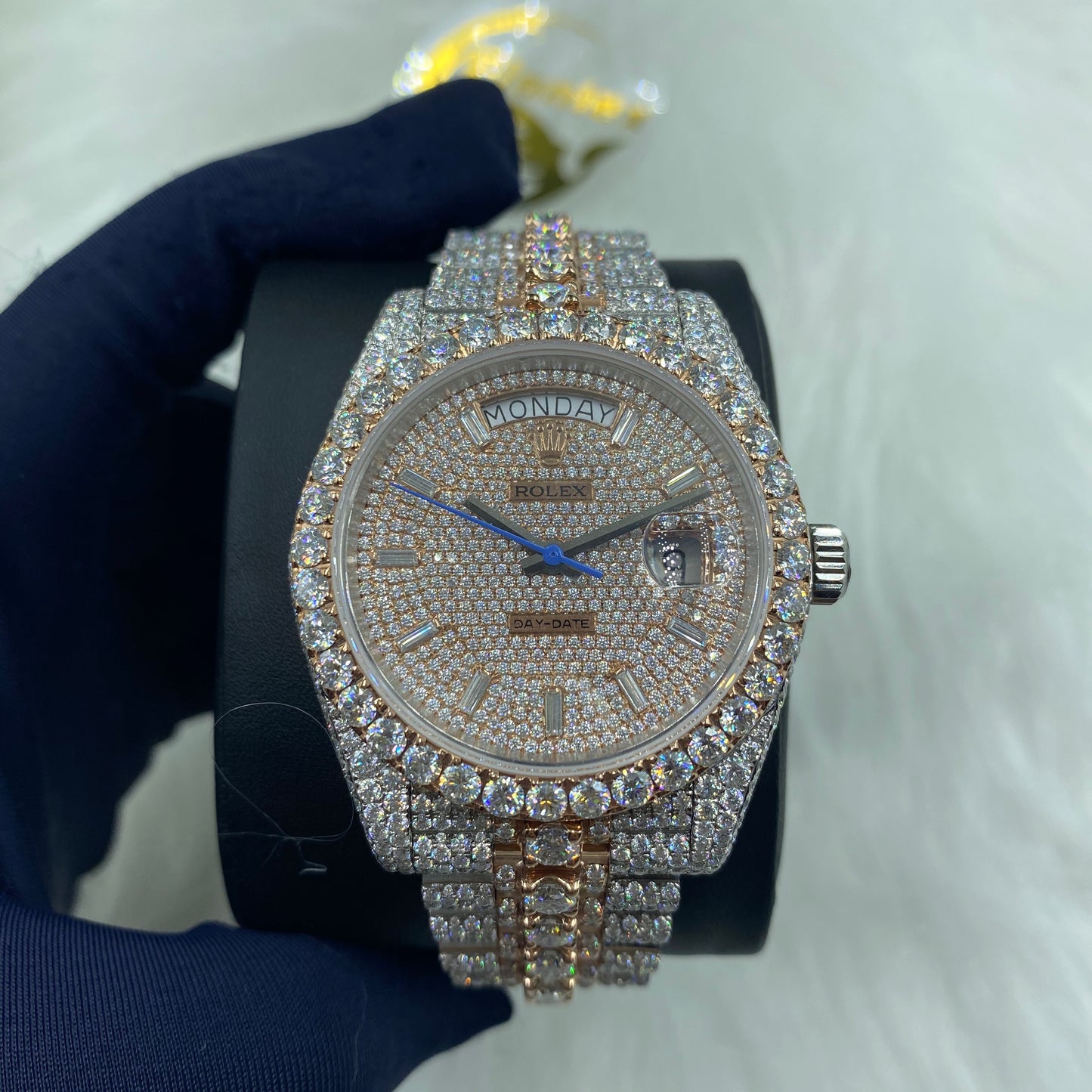 ROLEX DAY-DATE MOISSANITE WATCH WITH STICK DIAL – TWO-TONE SILVER & ROSE GOLD EDITION