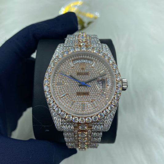 ROLEX DAY-DATE MOISSANITE WATCH WITH STICK DIAL – TWO-TONE SILVER & ROSE GOLD EDITION