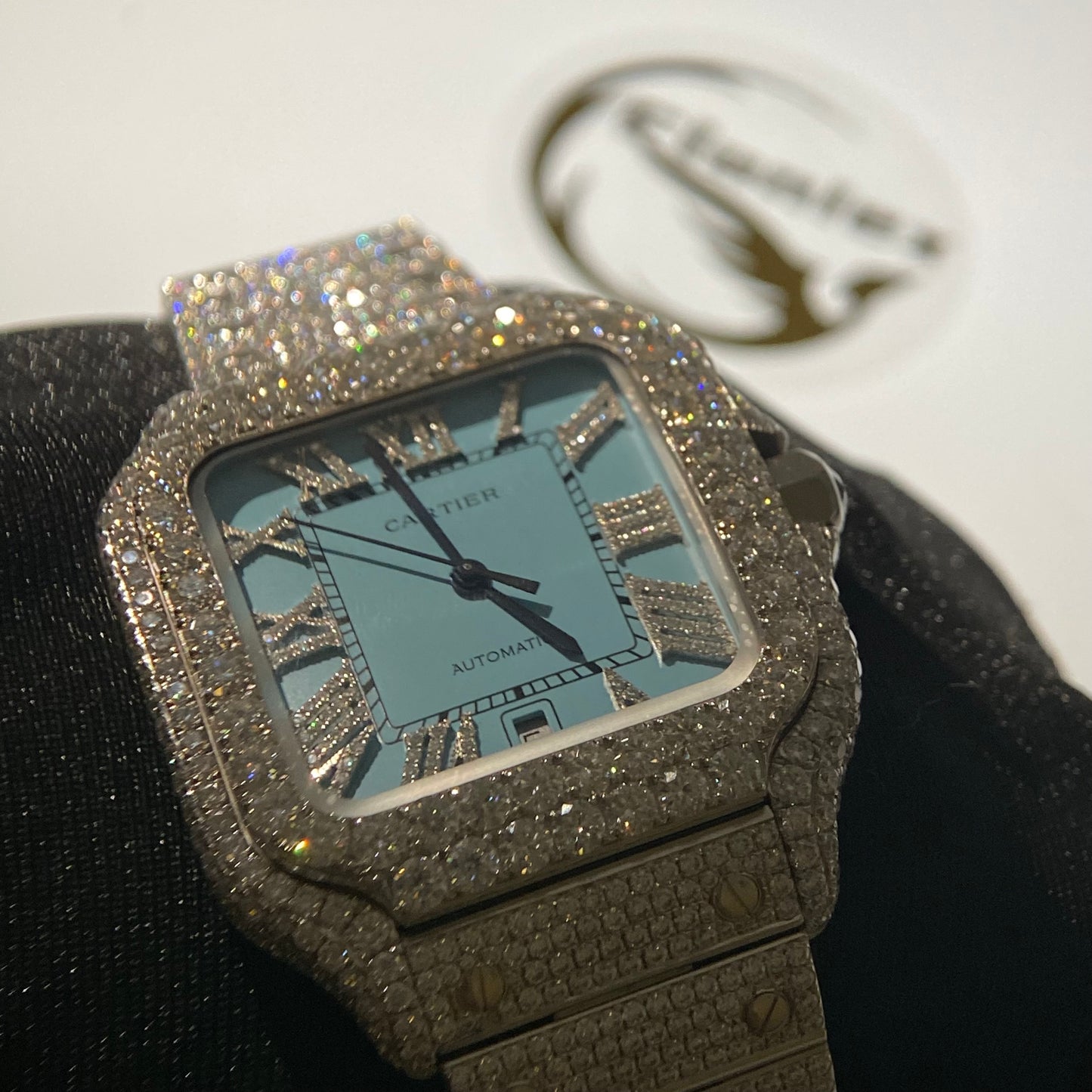 CARTIER SANTOS MOISSANITE WATCH WITH LIGHT BLUE DIAL – FULL ICED OUT
