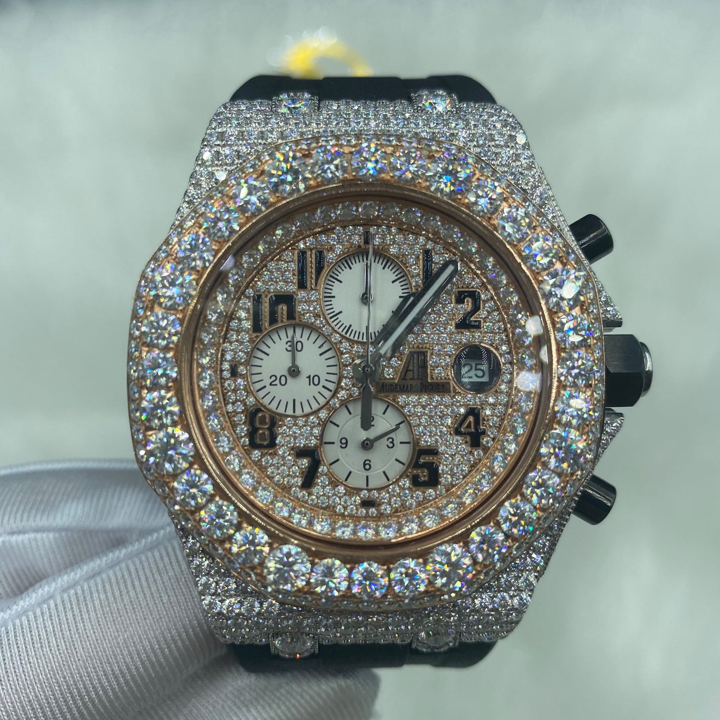 AUDEMARS PIGUET ROYAL OAK MOISSANITE – ROSE GOLD ARABIC DIAL WITH BLACK STRAP