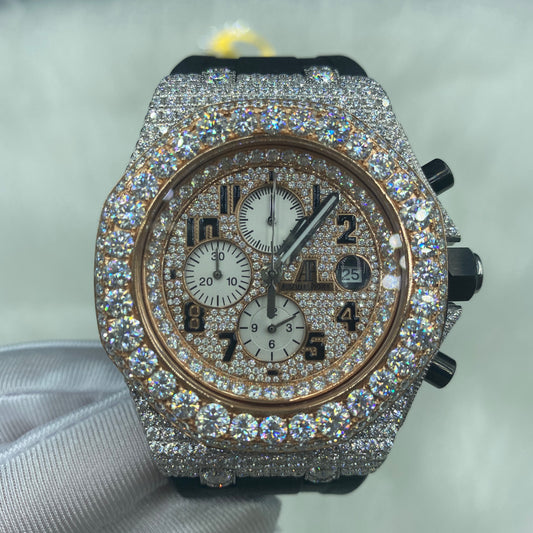 AUDEMARS PIGUET ROYAL OAK MOISSANITE – ROSE GOLD ARABIC DIAL WITH BLACK STRAP