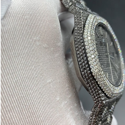 AUDEMARS PIGUET ROYAL OAK MOISSANITE WATCH WITH BLACK DIAL – FULL ICED TWO-TONE EDITION