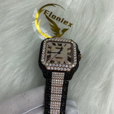 CARTIER SANTOS MOISSANITE WATCH WITH ROMAN NUMERAL DIAL – BLACK & SILVER TWO-TONE EDITION