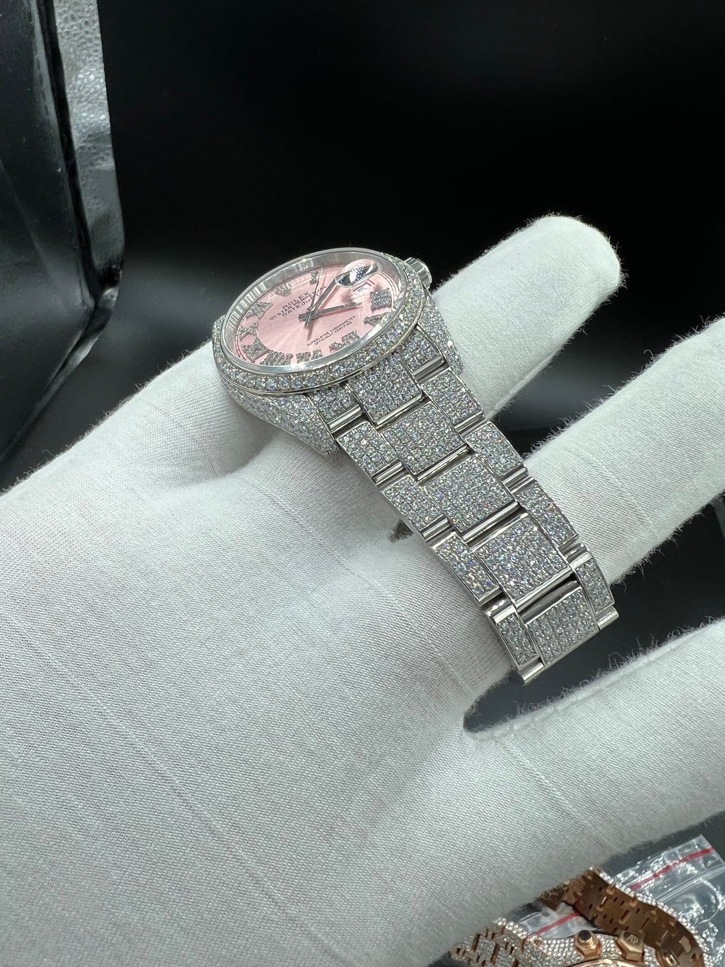 ROLEX DATEJUST MOISSANITE WATCH WITH PINK DIAL – DIAMOND ROMAN NUMERAL EDITION