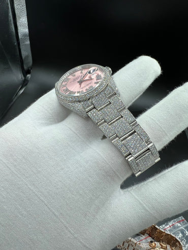 ROLEX DATEJUST MOISSANITE WATCH WITH PINK DIAL – DIAMOND ROMAN NUMERAL EDITION