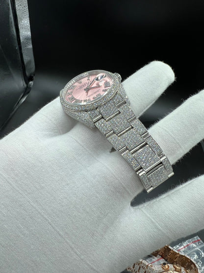 ROLEX DATEJUST MOISSANITE WATCH WITH PINK DIAL – DIAMOND ROMAN NUMERAL EDITION