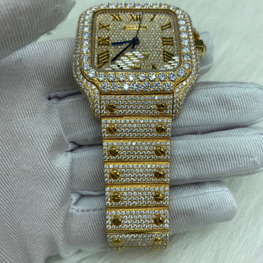 CARTIER SANTOS MOISSANITE WATCH WITH ROMAN NUMERAL DIAL – FULL GOLD FINISH