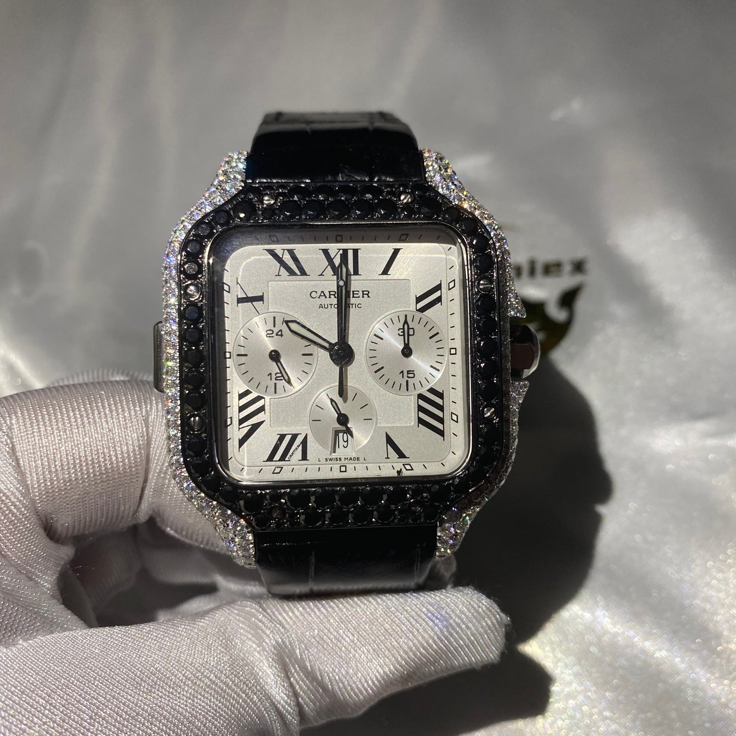 CARTIER SANTOS CHRONOGRAPH WATCH WITH ROMAN DIAL – BLACK LEATHER & DIAMOND BEZEL EDITION