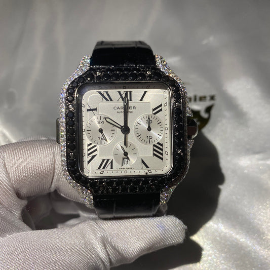 CARTIER SANTOS CHRONOGRAPH WATCH WITH ROMAN DIAL – BLACK LEATHER & DIAMOND BEZEL EDITION