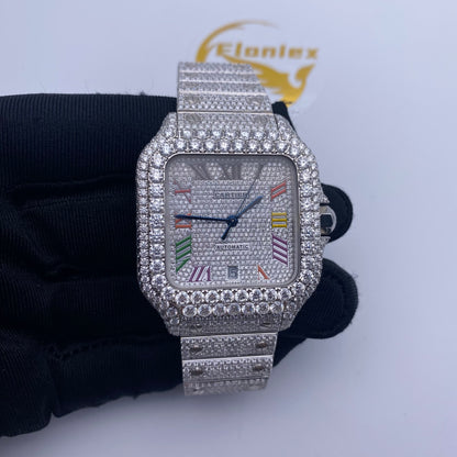 CARTIER SANTOS MOISSANITE WATCH WITH MULTICOLOR ROMAN NUMERAL DIAL – FULL ICED OUT