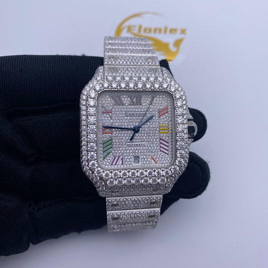 CARTIER SANTOS MOISSANITE WATCH WITH MULTICOLOR ROMAN NUMERAL DIAL – FULL ICED OUT
