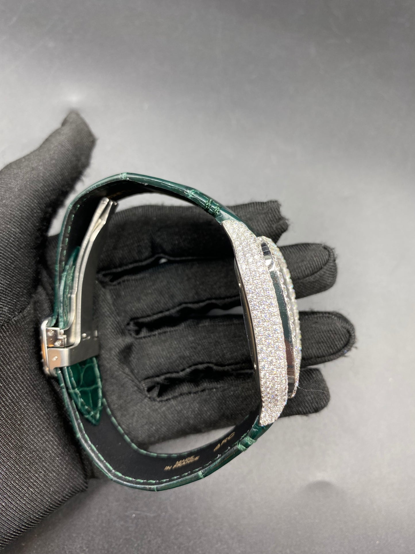 CARTIER SANTOS MOISSANITE WATCH WITH GREEN ROMAN NUMERAL DIAL – EMERALD LEATHER STRAP