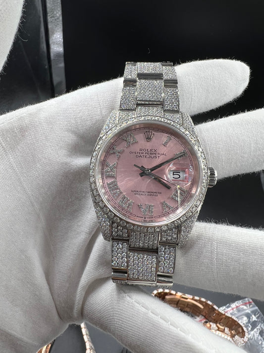 ROLEX DATEJUST MOISSANITE WATCH WITH PINK DIAL – DIAMOND ROMAN NUMERAL EDITION