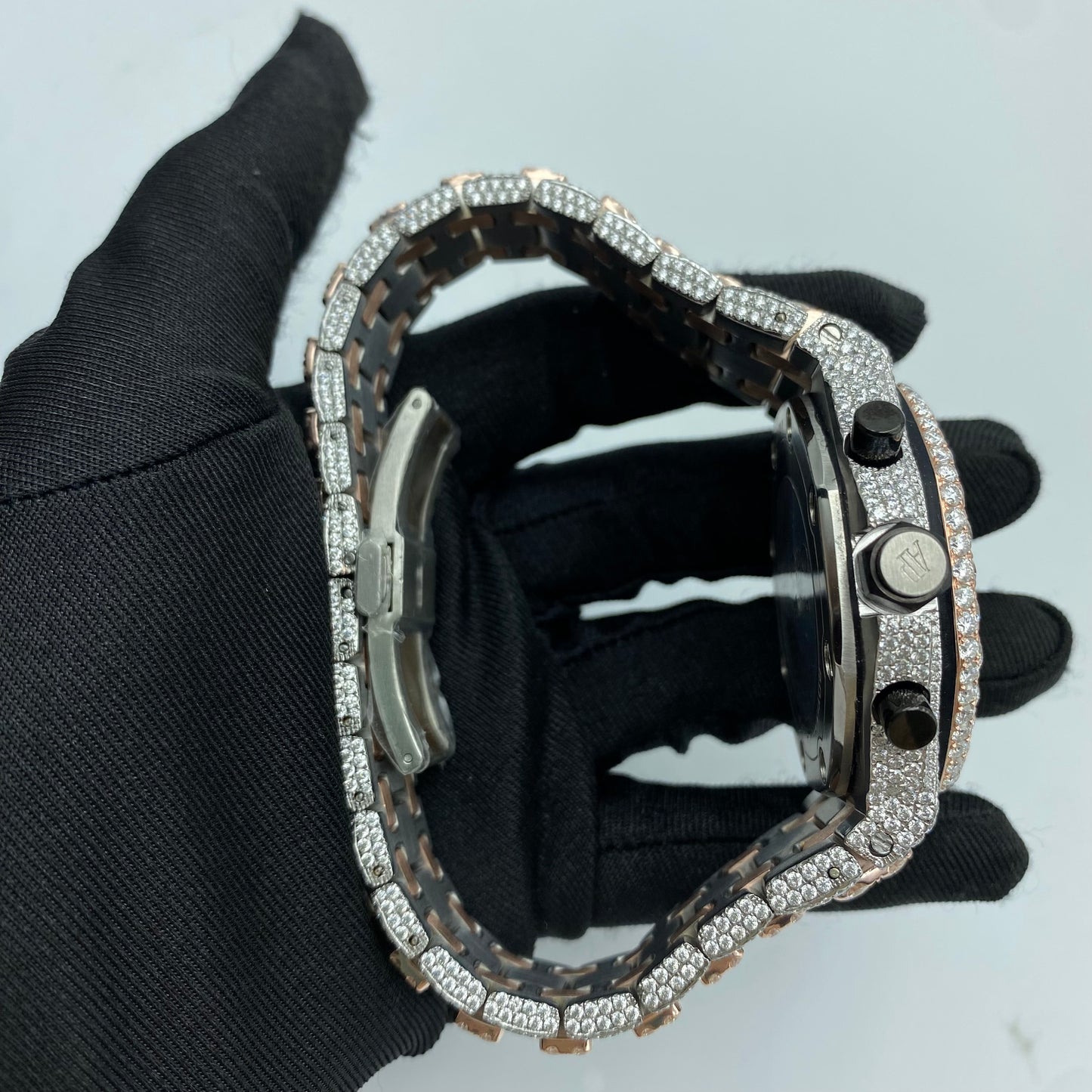 AUDEMARS PIGUET ROYAL OAK MOISSANITE WATCH WITH RED ARABIC DIAL – FULL ICED ROSE GOLD DETAIL EDITION