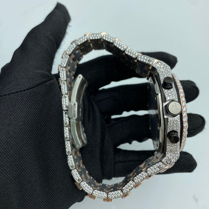 AUDEMARS PIGUET ROYAL OAK MOISSANITE WATCH WITH RED ARABIC DIAL – FULL ICED ROSE GOLD DETAIL EDITION