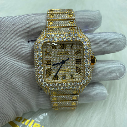 CARTIER SANTOS MOISSANITE WATCH WITH ROMAN NUMERAL DIAL – FULL GOLD FINISH