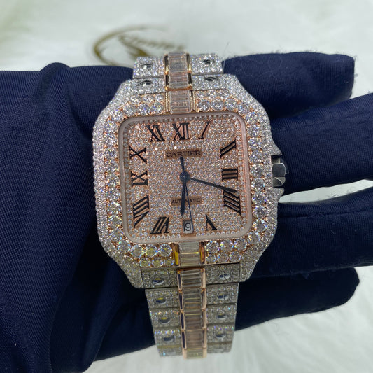 CARTIER SANTOS MOISSANITE WATCH WITH ROMAN NUMERAL DIAL – TWO-TONE ROSE FINISH