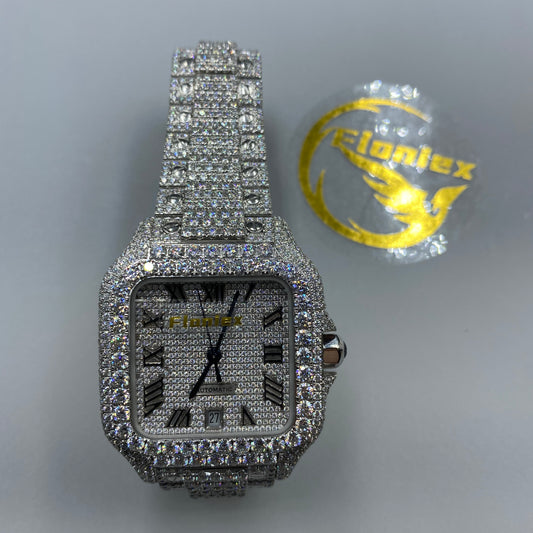 CARTIER SANTOS MOISSANITE WATCH WITH ROMAN NUMERAL DIAL – FULLY ICED OUT EDITION