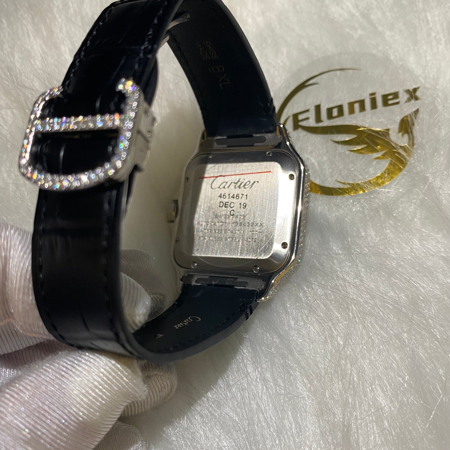 CARTIER SANTOS MOISSANITE WATCH WITH BLUE ROMAN DIAL – BLACK LEATHER STRAP EDITION