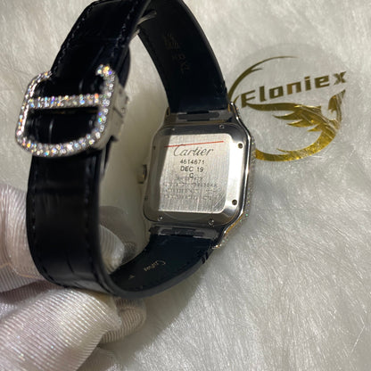 CARTIER SANTOS MOISSANITE WATCH WITH BLUE ROMAN DIAL – BLACK LEATHER STRAP EDITION