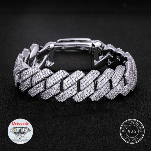 S925 3 ROWS MOISSANITE DIAMOND PRONG LINK CUBAN BRACELET - 19MM
