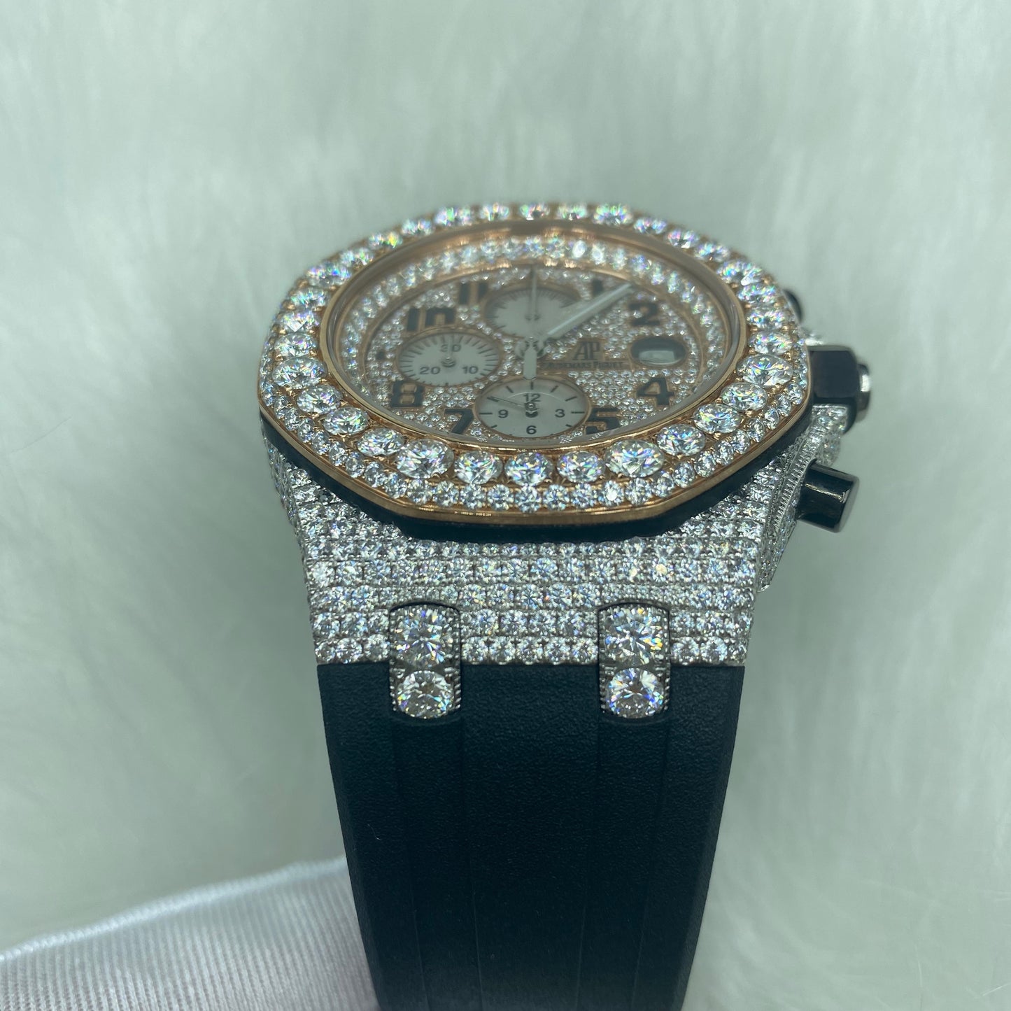 AUDEMARS PIGUET ROYAL OAK MOISSANITE – ROSE GOLD ARABIC DIAL WITH BLACK STRAP