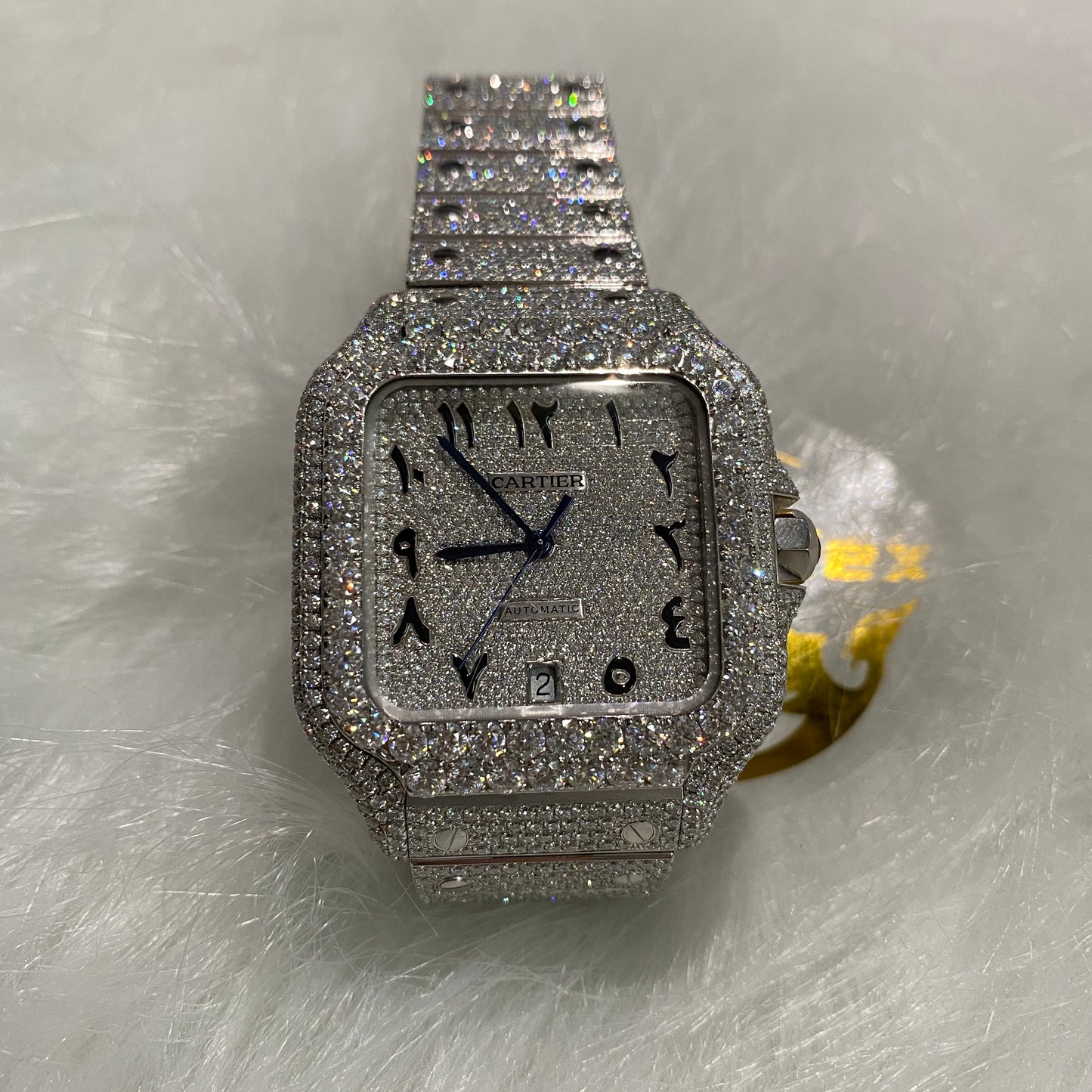 CARTIER SANTOS MOISSANITE WATCH WITH ARABIC DIAL – FULLY ICED OUT FINISH
