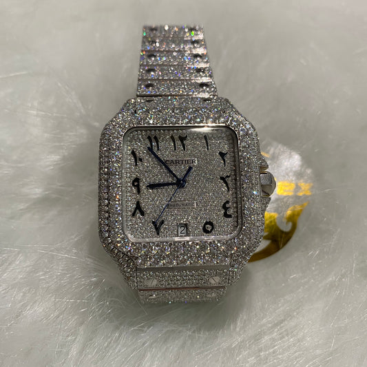 CARTIER SANTOS MOISSANITE WATCH WITH ARABIC DIAL – FULLY ICED OUT FINISH