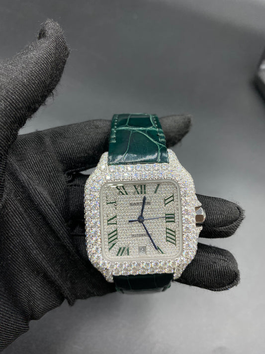 CARTIER SANTOS MOISSANITE WATCH WITH GREEN ROMAN NUMERAL DIAL – EMERALD LEATHER STRAP