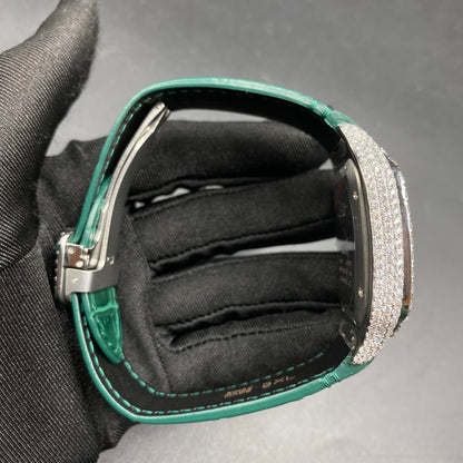 CARTIER SANTOS MOISSANITE WATCH WITH EMERALD GREEN DIAL – GREEN LEATHER STRAP EDITION