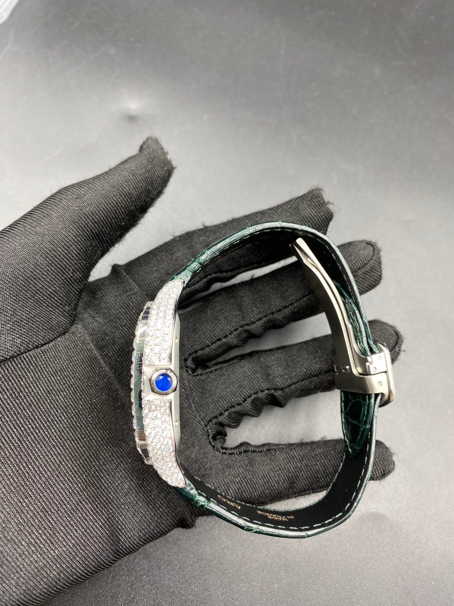 CARTIER SANTOS MOISSANITE WATCH WITH GREEN ROMAN NUMERAL DIAL – EMERALD LEATHER STRAP