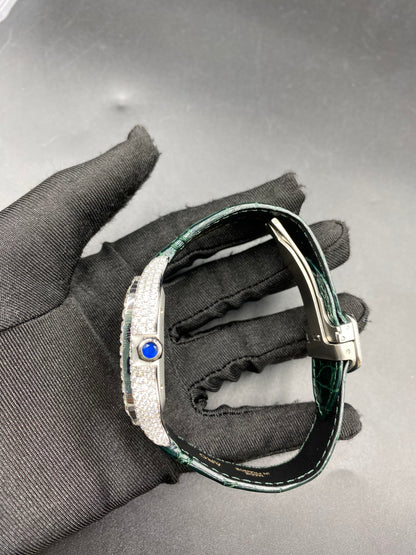 CARTIER SANTOS MOISSANITE WATCH WITH GREEN ROMAN NUMERAL DIAL – EMERALD LEATHER STRAP