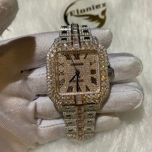 CARTIER SANTOS MOISSANITE WATCH WITH ROMAN NUMERAL DIAL – TWO-TONE EDITION