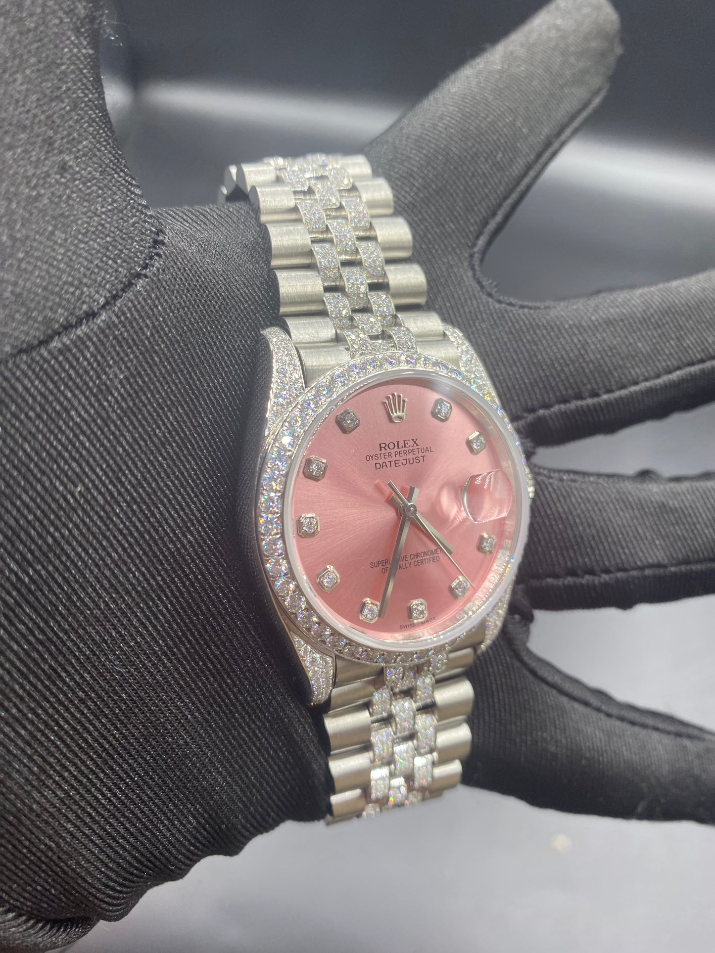 ROLEX DATEJUST MOISSANITE WATCH WITH PINK DIAL –  ICED BEZEL EDITION