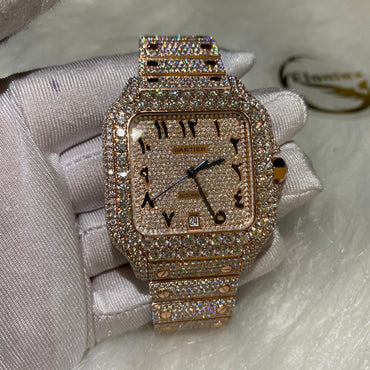 CARTIER SANTOS MOISSANITE WATCH WITH ARABIC DIAL – ROSE GOLD FINISH EDITION