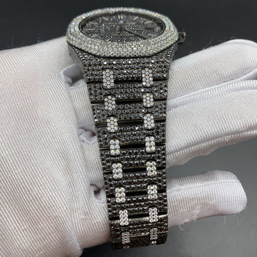 AUDEMARS PIGUET ROYAL OAK MOISSANITE WATCH WITH BLACK DIAL – FULL ICED TWO-TONE EDITION