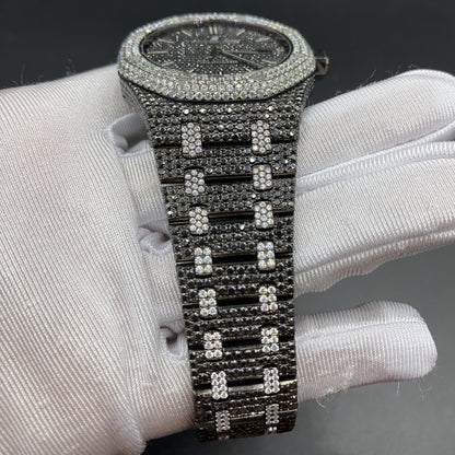 AUDEMARS PIGUET ROYAL OAK MOISSANITE WATCH WITH BLACK DIAL – FULL ICED TWO-TONE EDITION