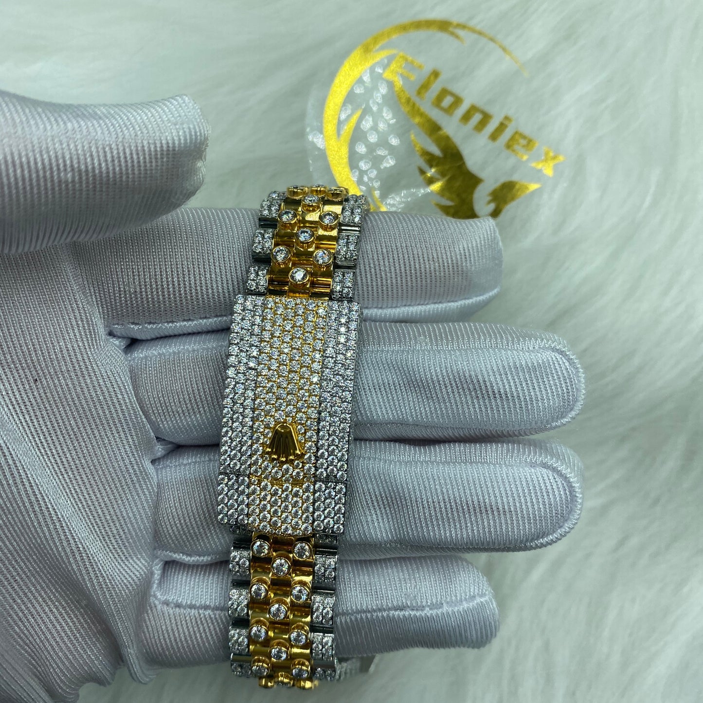 ROLEX DATEJUST MOISSANITE WATCH WITH ROMAN DIAL – TWO-TONE GOLD AND DIAMOND BEZEL EDITION