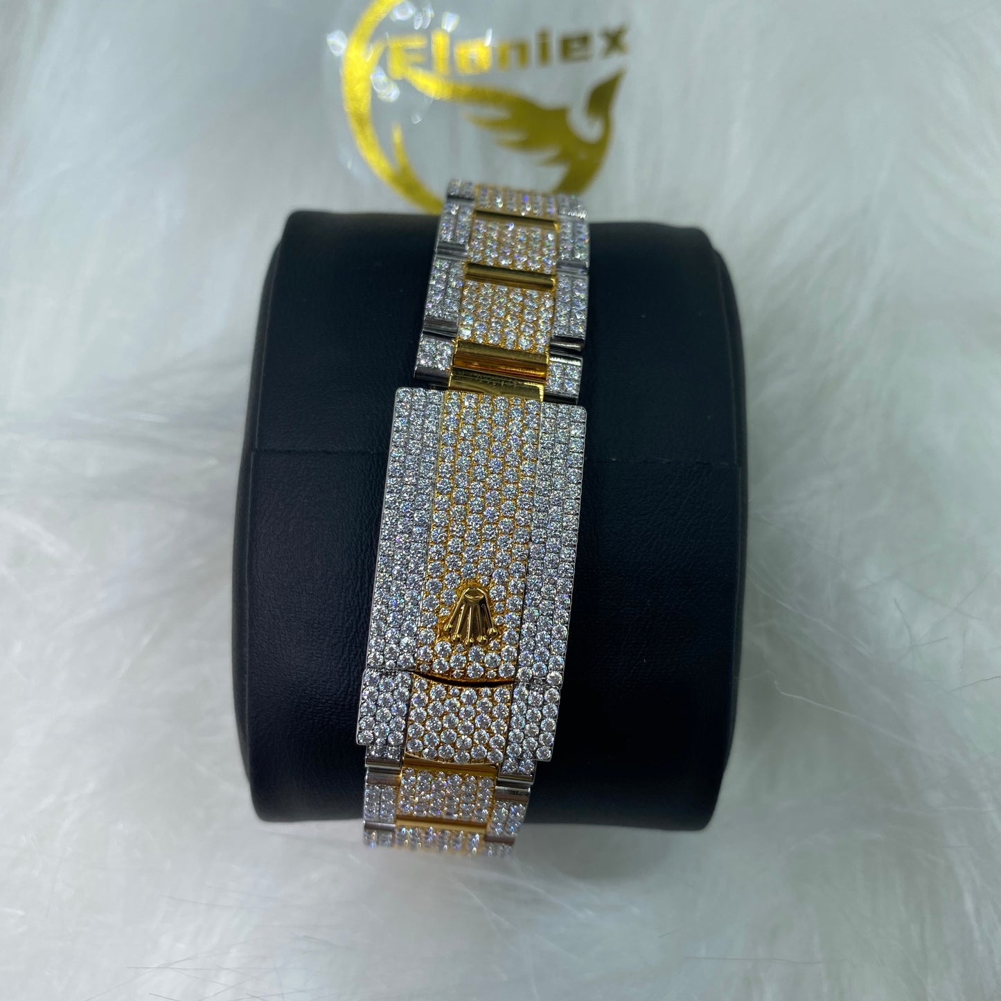 ROLEX DATEJUST MOISSANITE WATCH WITH ARABIC DIAL – TWO-TONE FULL ICED YELLOW GOLD EDITION