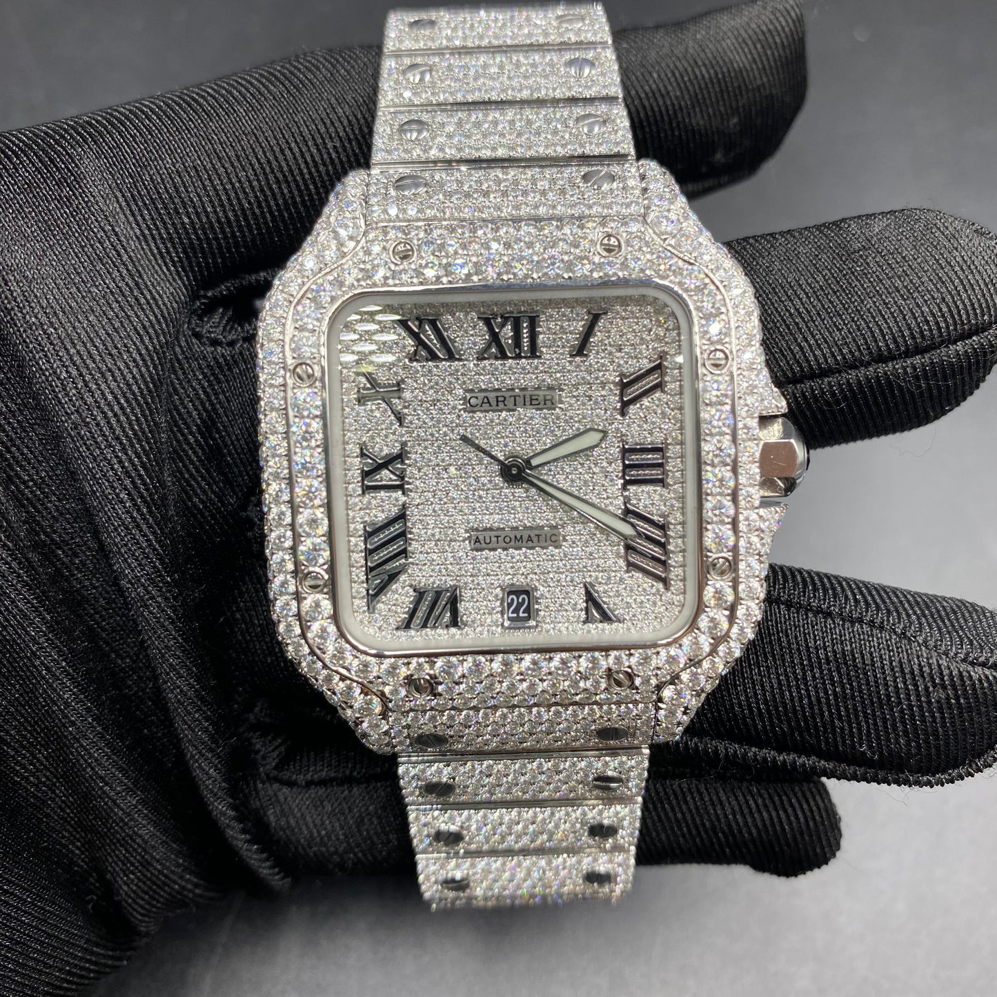 CARTIER SANTOS MOISSANITE WATCH WITH BLACK ROMAN NUMERAL DIAL – FULL ICED OUT