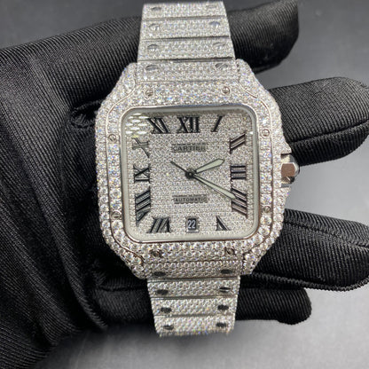 CARTIER SANTOS MOISSANITE WATCH WITH BLACK ROMAN NUMERAL DIAL – FULL ICED OUT