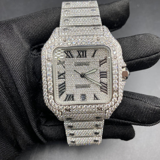 CARTIER SANTOS MOISSANITE WATCH WITH BLACK ROMAN NUMERAL DIAL – FULL ICED OUT