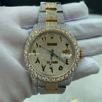 ROLEX DATEJUST MOISSANITE WATCH WITH ARABIC DIAL – TWO-TONE FULL ICED YELLOW GOLD EDITION
