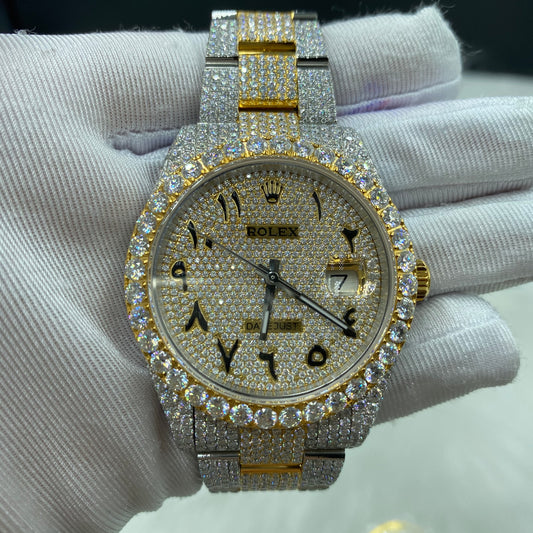 ROLEX DATEJUST MOISSANITE WATCH WITH ARABIC DIAL – TWO-TONE FULL ICED YELLOW GOLD EDITION