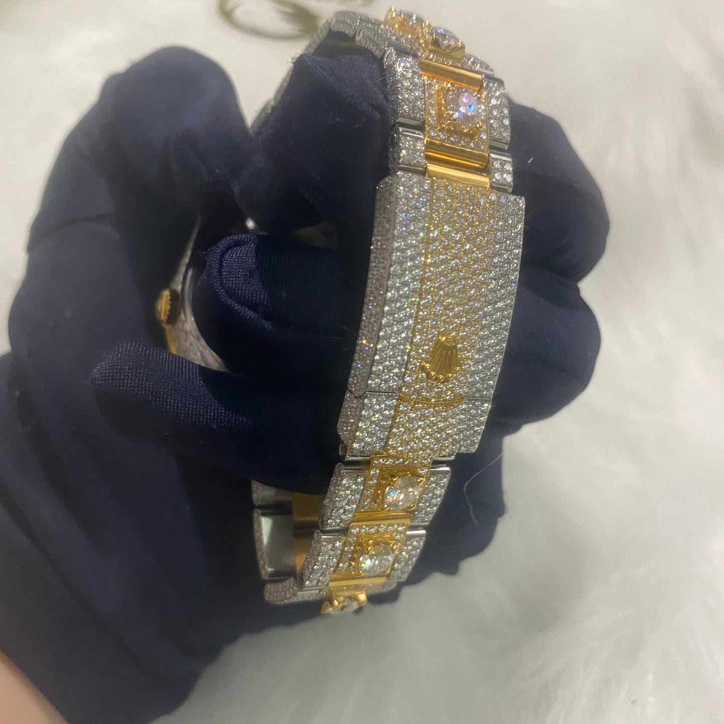 ROLEX DATEJUST MOISSANITE WATCH WITH ARABIC DIAL – TWO-TONE GOLD BEZEL & FULLY ICED OUT