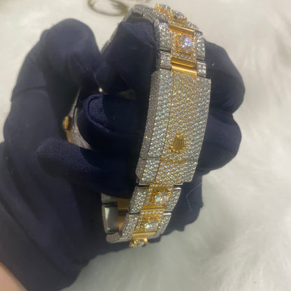ROLEX DATEJUST MOISSANITE WATCH WITH ARABIC DIAL – TWO-TONE GOLD BEZEL & FULLY ICED OUT
