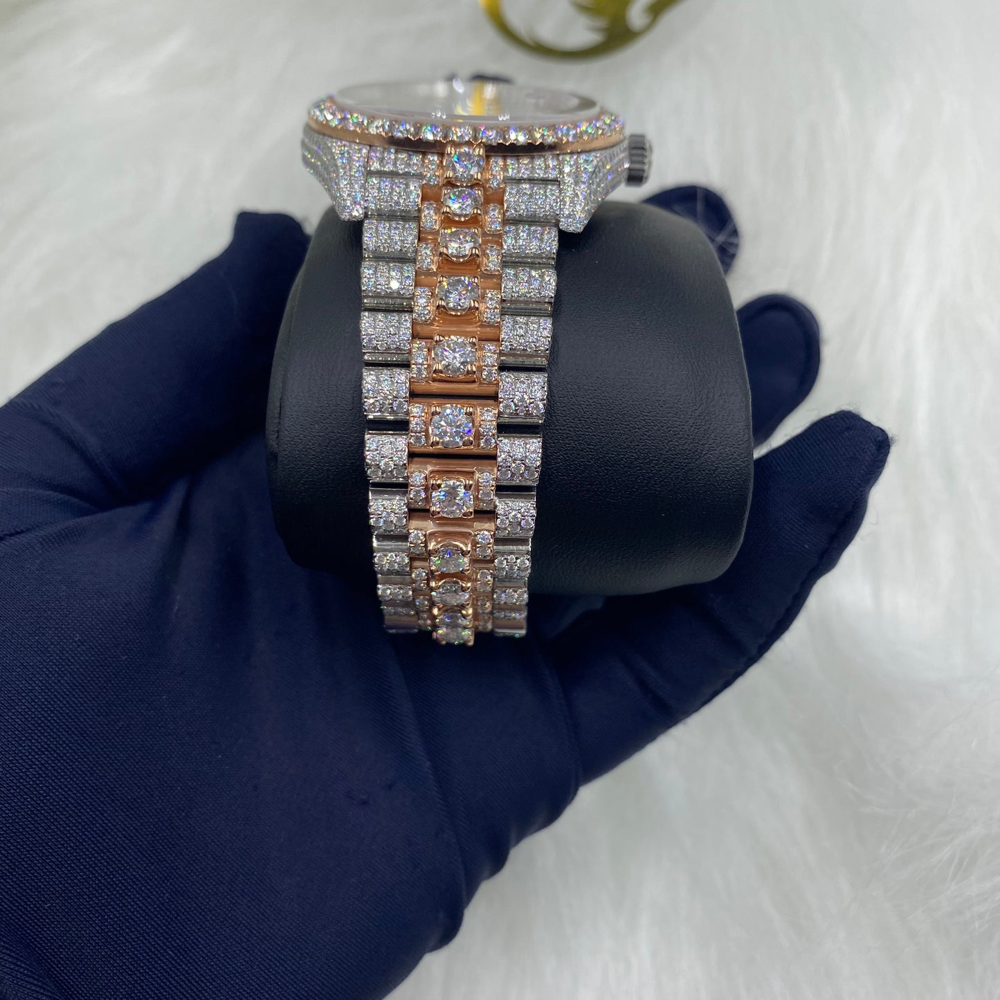 ROLEX DAY-DATE MOISSANITE WATCH WITH STICK DIAL – TWO-TONE SILVER & ROSE GOLD EDITION