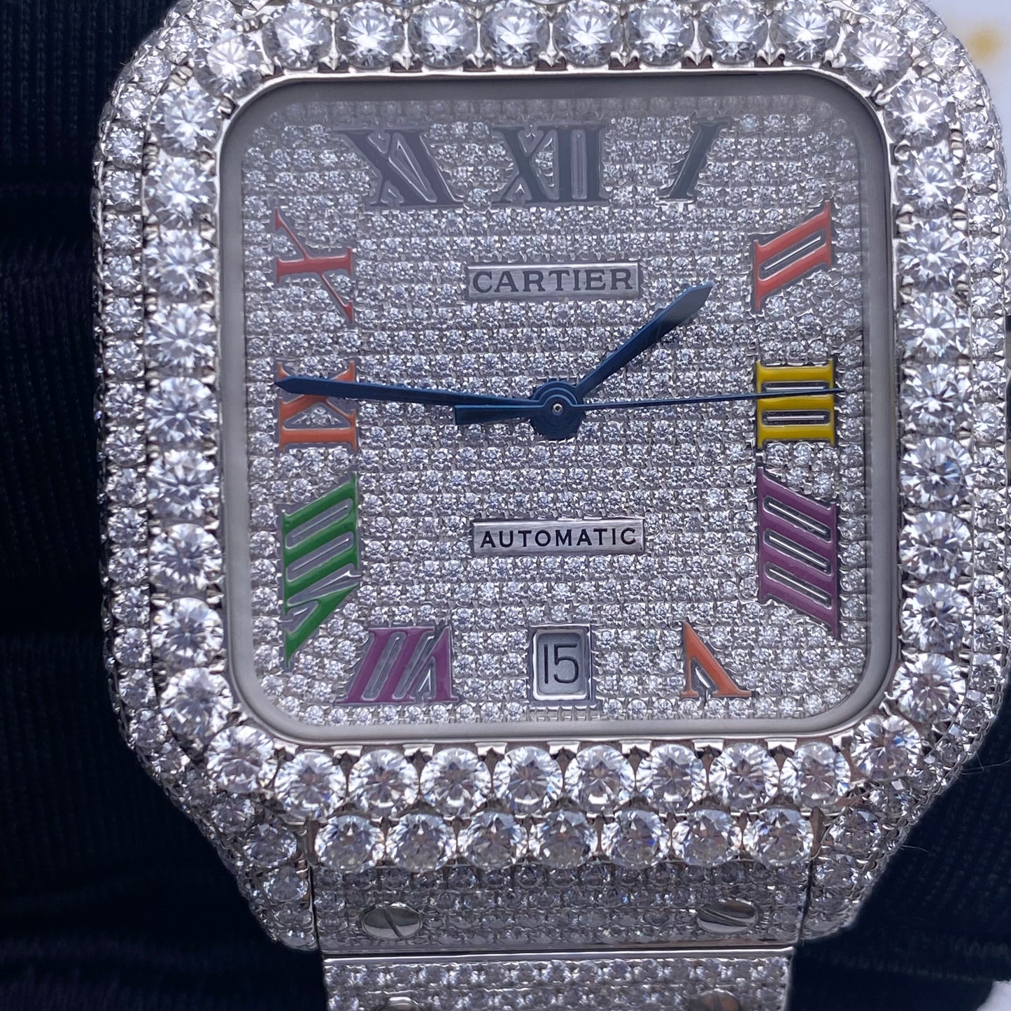 CARTIER SANTOS MOISSANITE WATCH WITH MULTICOLOR ROMAN NUMERAL DIAL – FULL ICED OUT