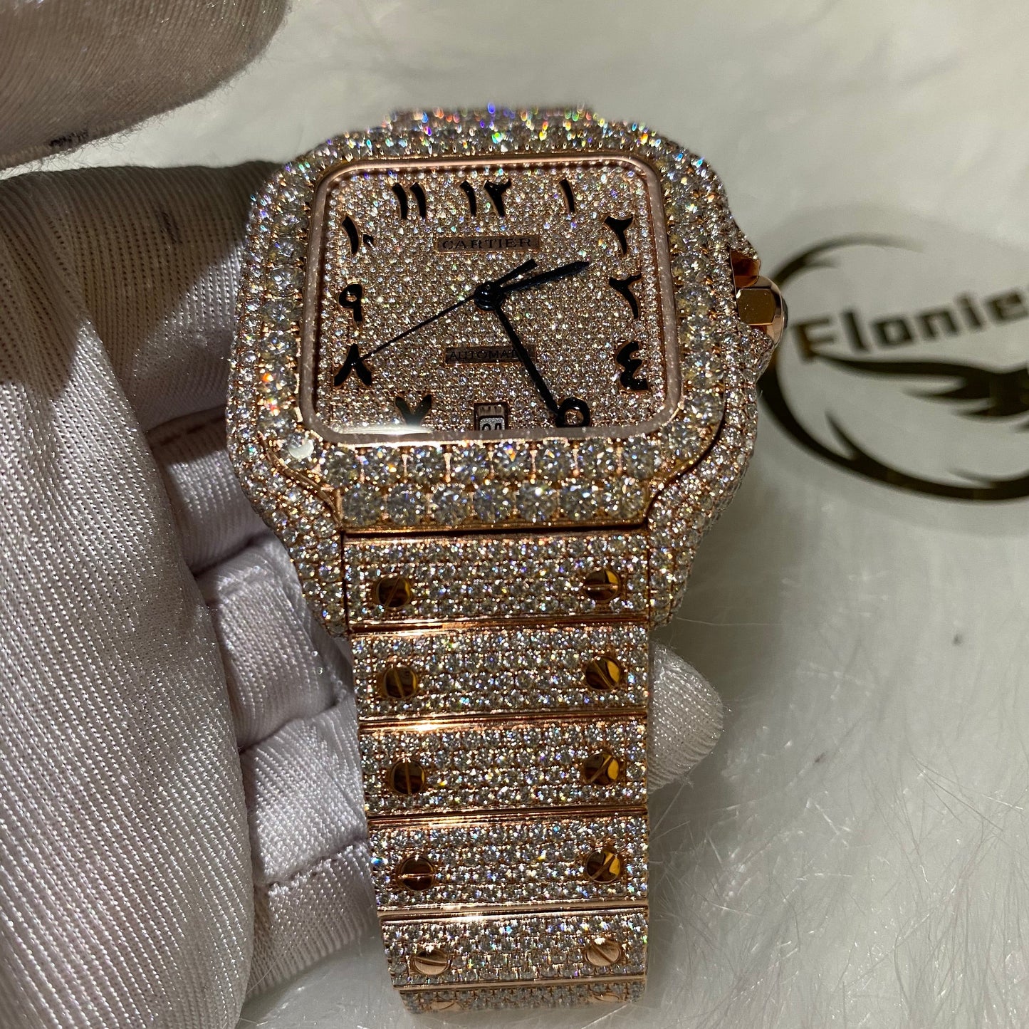 CARTIER SANTOS MOISSANITE WATCH WITH ARABIC DIAL – ROSE GOLD FINISH EDITION