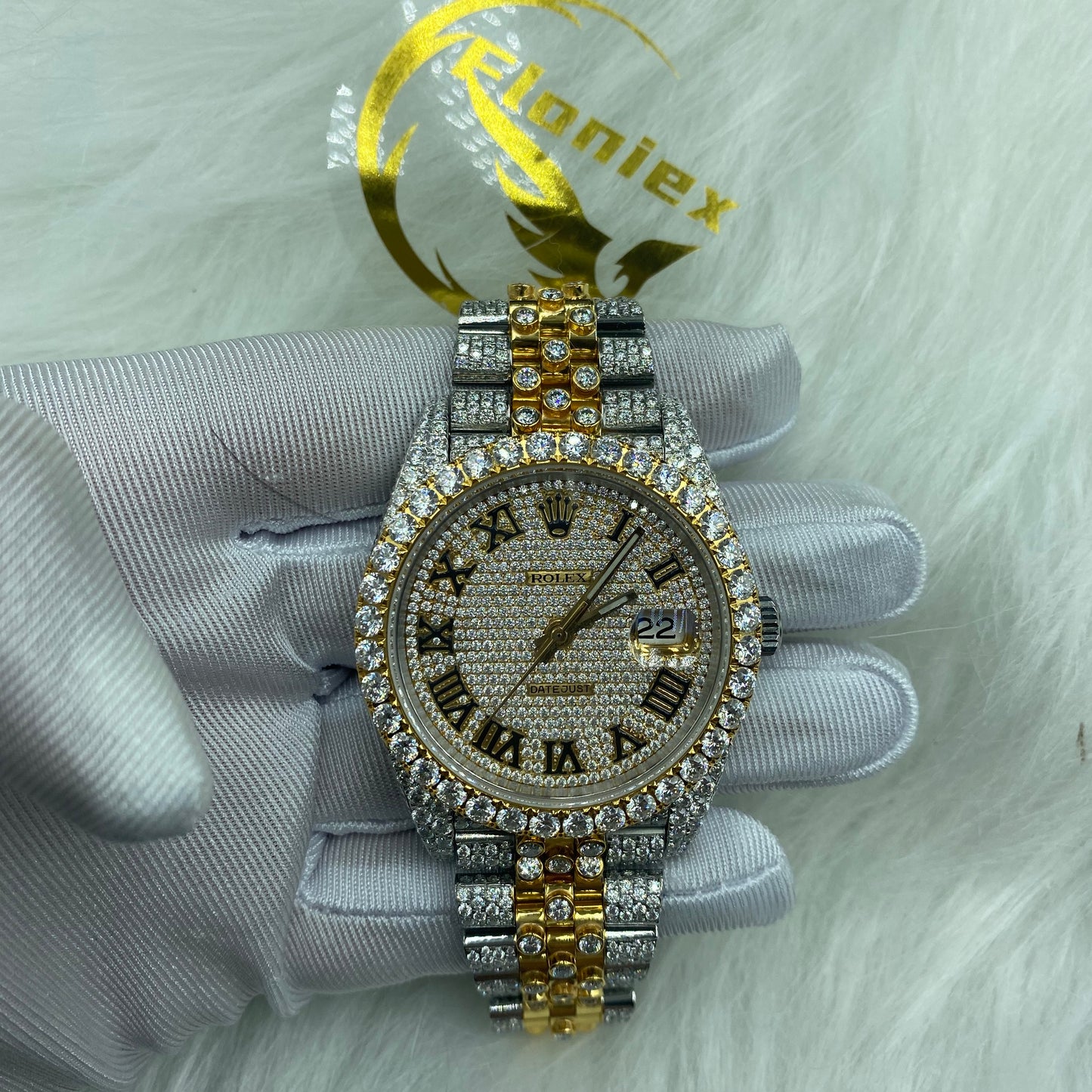 ROLEX DATEJUST MOISSANITE WATCH WITH ROMAN DIAL – TWO-TONE GOLD AND DIAMOND BEZEL EDITION